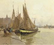 Eugene Galien-Laloue A bustling quayside oil painting on canvas